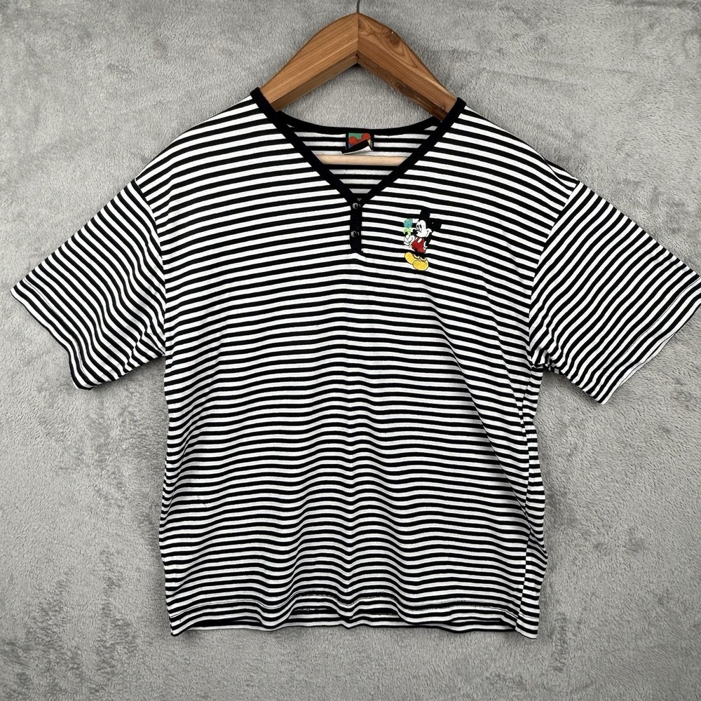 Mickey Unlimited Vintage 90s Striped Mickey Mouse Henley V Neck Shirt Large